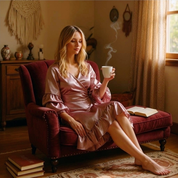 High Low Wrap Dress – Nasty Gal – Rose Blush – Statement Sleeve Satin Ruffle Hem - Picture 3 of 12